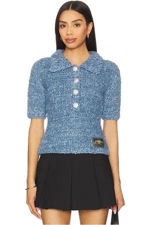 Ganni Denim Handknit Polo Top in