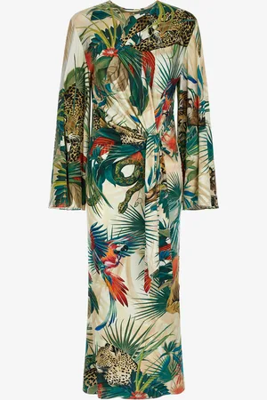 Roberto Cavalli Abito Midi Stampa Jungle Con Nodo In Vita