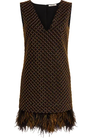 Roberto Cavalli Abito con ricamo Geometric Grid e piume