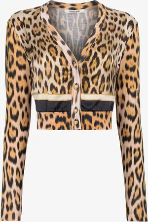 Roberto Cavalli Cardigan cropped in lana con stampa Jaguar