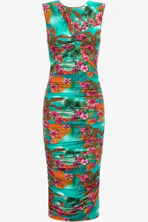 Roberto Cavalli Abito midi arricciato stampa Hawaii
