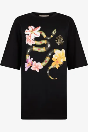 Roberto Cavalli T-shirt con serpente e fiori