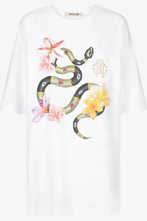 Roberto Cavalli T-shirt con serpente e fiori