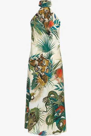 Roberto Cavalli Jungle Stampa Abito Midi In Seta Con Collo Halter