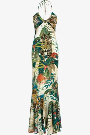Roberto Cavalli Abito Maxi Jungle Stampa Allacciato Al Collo