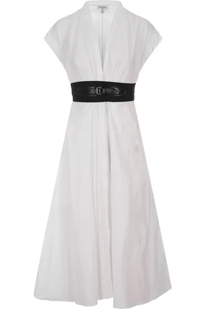 Alaïa Abito Midi In Popeline Bianco Con Cintura Incrociata