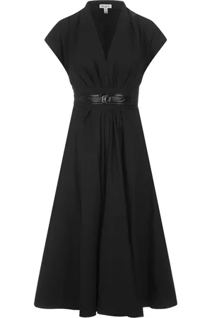 Alaïa Abito Midi In Popeline Nero Con Cintura Incrociata