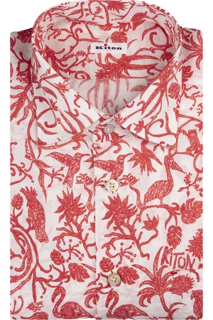 Kiton Camicia Nerano In Lino Bianco Con Stampa All-Over