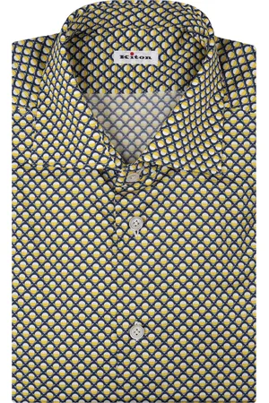 Kiton Camicia In Cotone Blu Navy Con Pattern Giallo
