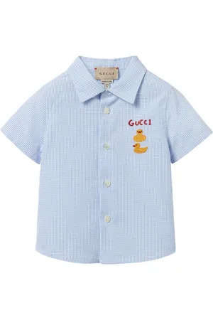 Gucci Camicia In Cotone a Quadri Celeste Con Ricamo
