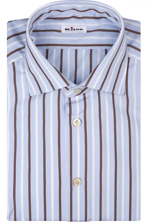 Kiton Camicia In Cotone Azzurro a Righe Bianche e Marroni