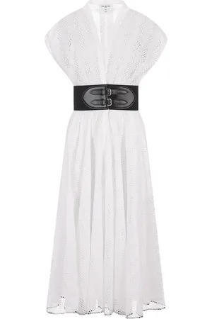 Alaïa Abito Midi In Sangallo Bianco Con Cintura