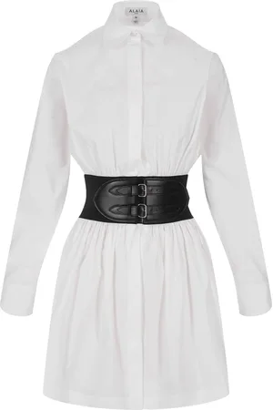 Alaïa Abito Corto In Popeline Bianco Con Cintura