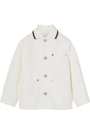 Gucci Giacca In Denim GG Jacquard Bianco Con Dettaglio Web