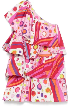Emilio Pucci Abito Monospalla Con Balze e Stampa Fontane Multicolore