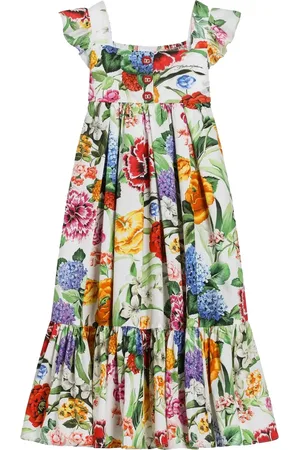 Dolce & Gabbana Abito In Popeline Con Ruches e Stampa Fiori Multicolore