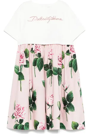Dolce & Gabbana Abito In Jersey Bianco e Popeline Rosa Con Stampa Rose