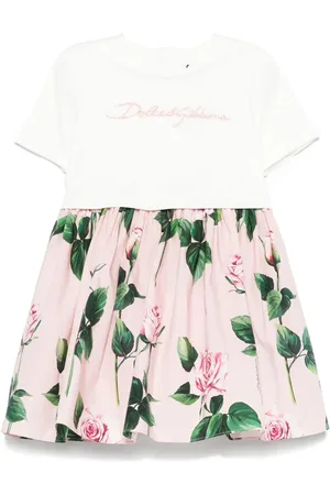 Dolce & Gabbana Abito In Jersey Bianco e Popeline Rosa Con Stampa Rose