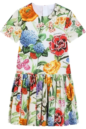 Dolce & Gabbana Abito a Maniche Corte In Popeline Con Stampa Fiori