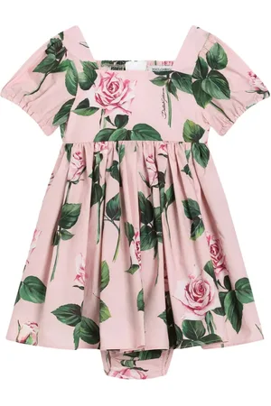 Dolce & Gabbana Abito In Popeline Rosa Con Stampa Rose