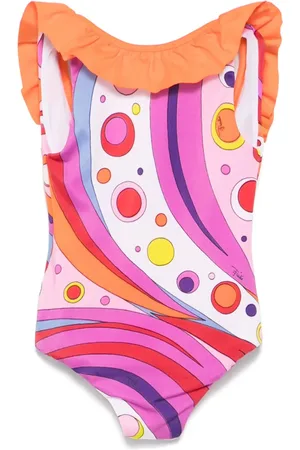 Emilio Pucci Costume Intero Con Balza e Stampa Fontane Multicolore