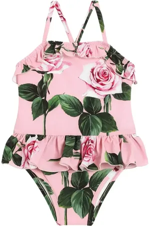 Dolce & Gabbana Costume Intero Rosa Con Balza e Stampa Rose