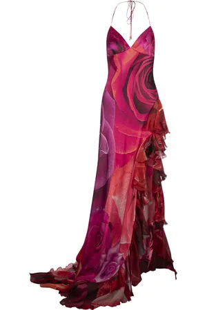 Roberto Cavalli Abito Con Stampa Rose E Volant