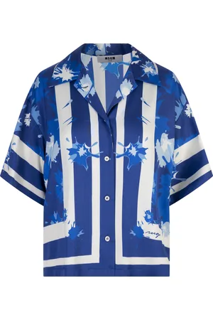 Msgm Camicia In Viscosa Stampata Blu Cobalto