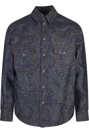 Etro Giacca Overshirt Blu Navy Con Motivo Foliage