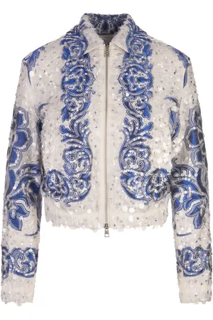 Etro Bomber Cropped Bianco Con Paillettes Ricamate All-Over