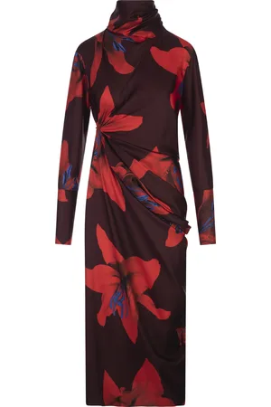 Alexander McQueen Abito Asimmetrico Fire Lily in Bordeaux/Rosso Fuoco