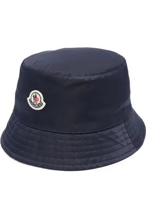 Moncler Cappello Bucket In Gabardine Blu Con Logo