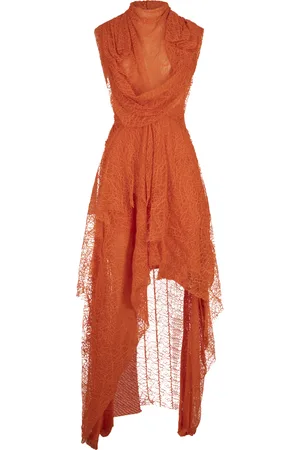 Alexander McQueen Abito Asimmetrico In Pizzo Ragnatela Arancione