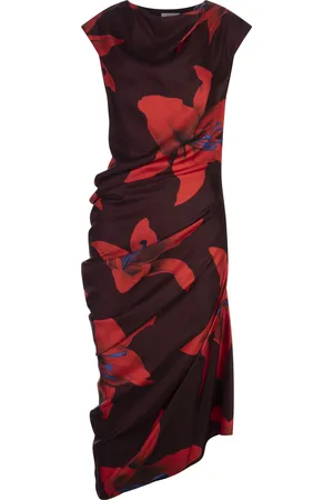 Alexander McQueen Abito Asimmetrico Drappeggiato Fire Lily in Bordeaux/Rosso Fuoco