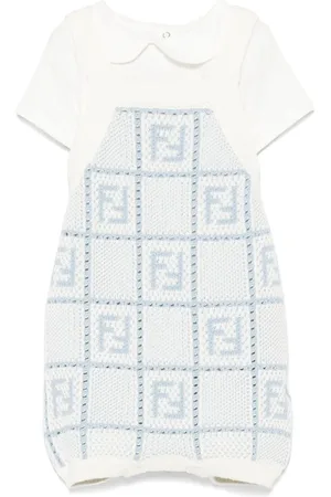 Fendi Set Body e Salopette In Bianco e Azzurro Con Motivo Logo