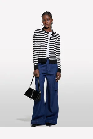 Sisley Cardigan A Righe Nere E Bianco Panna, Donna
