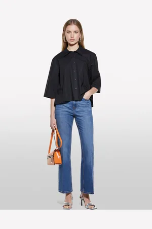 Sisley Camicia Cropped Nera Con Pieghe, Donna