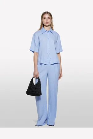 Sisley Camicia Azzurra A Maniche Corte In 100% Lino, Donna