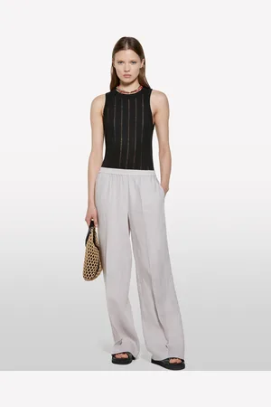Sisley Pantaloni Grigi Flare Fit In 100% Lino, Donna