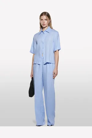 Sisley Pantaloni Azzurri Flare Fit In 100% Lino, Donna