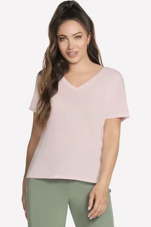 Skechers Donna Pima V-Neck Maglietta in Bianco/Rosa