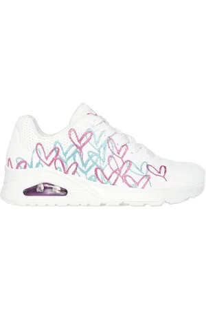 Skechers Donna JGoldcrown: Uno - Golden Heart Sneaker in White/Pink Turquoise