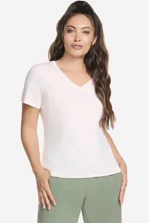 Skechers Donna Pima V-Neck Maglietta in Bianco/Rosa