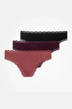 Snocks Infradito con pizzo taglia XS in malva/rosso vino/nero confezione da 3 biancheria intima da donna in cotone biologico di
