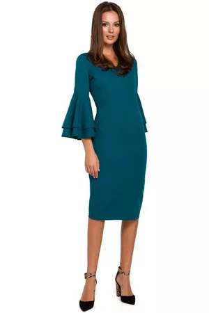 Makover Donna Vestiti midi - Vestiti K002 Tubino con maniche arricciate - blu oceano