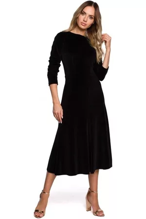 MOE Donna Vestiti midi - Vestiti M557 - Vestito midi in velluto con maniche arricciate - nero