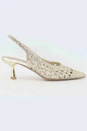 Exe Slingback donna in tessuto oro con tacco gioiello