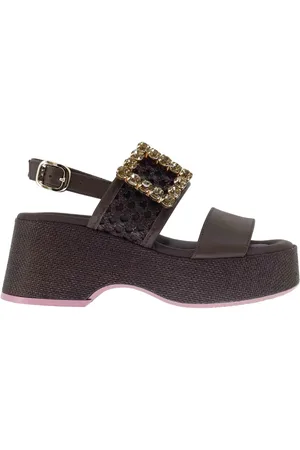 LORENZO MARI Sandali slingback donna in pelle e rafia con zeppa