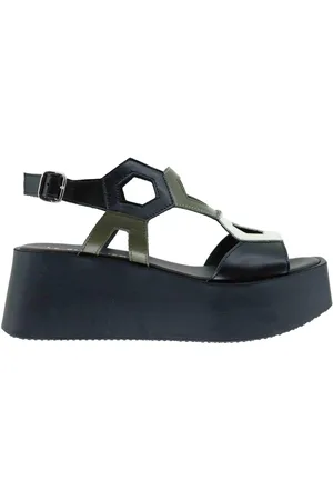 LE BOHÉMIEN Sandali slingback donna in pelle nera con zeppa alta
