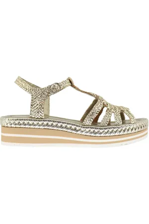 Pon´s quintana Sandali donna in pelle intrecciata platino con zeppa bassa in gomma